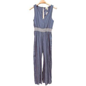 Japna Boho Wide Leg Jumpsuit Gray Stretch Smocked Embroidered Waist NWT NEW MED